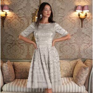 Johnny Was Champagne Beaded Sequin Mesh Midi Dress Womens 12‎